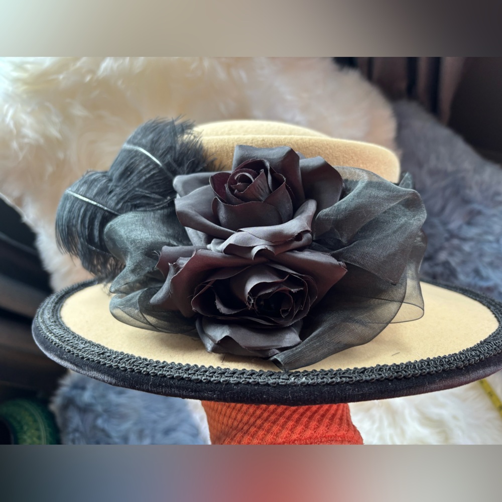 Elegant felt Women's Hat, Tan Wool Hat, Black Flowers and Feathers, Large Brim